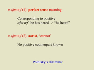 n sḏm·n·f (1) perfect tense meaning 
Corresponding to positive 
sḏm·n·f “he has heard” > “he heard” 
n sḏm·n·f (2) aorist, ‘cannot’ 
No positive counterpart known 
Polotsky’s dilemma: 
 