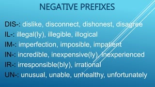 NEGATIVE PREFIXES
DIS-: dislike, disconnect, dishonest, disagree
IL-: illegal(ly), illegible, illogical
IM-: imperfection, imposible, impatient
IN-: incredible, inexpensive(ly), inexperienced
IR-: irresponsible(bly), irrational
UN-: unusual, unable, unhealthy, unfortunately
 