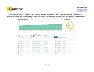 Негативно SEO
Георги Стефанов
http://ganbox.com
- pos.ganbox.com – от Ganbox 10лв на месец за всеки сайт, който следим. Пример за
входящи линкове (backlinks) – автоматично ги открива и докладва на имейл, има оценка.
21 / 32
 