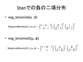 Stanでの負の二項分布
• neg_binomial(α，β)
• neg_binomial2(μ, φ)
 