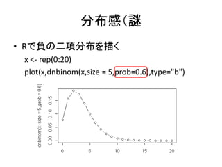 分布感（謎
• Rで負の二項分布を描く
x <- rep(0:20)
plot(x,dnbinom(x,size = 5,prob=0.6),type="b")
 