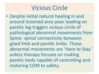 Vicious Circle
• Despite initial natural healing in and
  around lesioned area poor loading on
  paretic leg triggers vicious circle of
  pathological abnormal movements from
  Spino- spinal connectivity between
  good limb and paretic limbs. These
  abnormal movements are ‘Here to Stay’
  unless therapy focuses on making
  paretic body capable of controlling and
  restoring COM to safety.
 