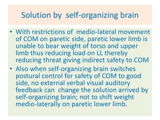 Solution by self-organizing brain
• With restrictions of medio-lateral movement
  of COM on paretic side, paretic lower limb is
  unable to bear weight of torso and upper
  limb thus reducing load on LL thereby
  reducing threat giving indirect safety to COM
• Also when self-organizing brain switches
  postural control for safety of COM to good
  side, no external verbal visual auditory
  feedback can change the solution arrived by
  self-organizing brain; not to shift weight
  medio-laterally on paretic lower limb.
 