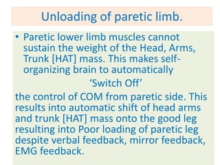 Unloading of paretic limb.
• Paretic lower limb muscles cannot
  sustain the weight of the Head, Arms,
  Trunk [HAT] mass. This makes self-
  organizing brain to automatically
                 ‘Switch Off’
the control of COM from paretic side. This
results into automatic shift of head arms
and trunk [HAT] mass onto the good leg
resulting into Poor loading of paretic leg
despite verbal feedback, mirror feedback,
EMG feedback.
 