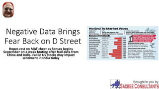 Negative Data Brings
Fear Back on D Street
Hopes rest on MAT cheer as Sensex begins
September on a weak footing after frail data from
China and India. Fall in US stocks may impact
sentiment in India today
 