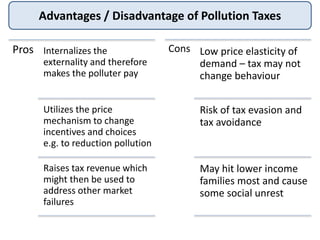 Advantages / Disadvantage of Pollution Taxes
Pros Internalizes the
externality and therefore
makes the polluter pay
Utilizes the price
mechanism to change
incentives and choices
e.g. to reduction pollution
Raises tax revenue which
might then be used to
address other market
failures
Cons Low price elasticity of
demand – tax may not
change behaviour
Risk of tax evasion and
tax avoidance
May hit lower income
families most and cause
some social unrest
 