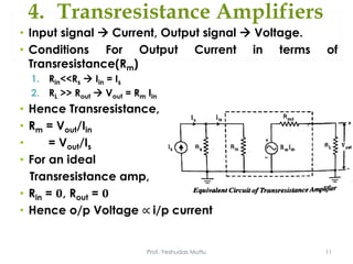 4. Transresistance Amplifiers
Prof. Yeshudas Muttu 11
• Input signal  Current, Output signal  Voltage.
• Conditions For Output Current in terms of
Transresistance(Rm)
1. Rin<<Rs  Iin = Is
2. RL >> Rout  Vout = Rm Iin
• Hence Transresistance,
• Rm = Vout/Iin
• = Vout/Is
• For an ideal
Transresistance amp,
• Rin = 𝟎, Rout = 𝟎
• Hence o/p Voltage ∝ i/p current
 