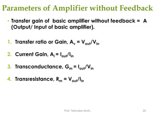 Parameters of Amplifier without Feedback
• Transfer gain of basic amplifier without feedback = A
(Output/ Input of basic amplifier).
1. Transfer ratio or Gain, Av = Vout/Vin
2. Current Gain, Ai = Iout/Iin
3. Transconductance, Gm = Iout/Vin
4. Transresistance, Rm = Vout/Iin
Prof. Yeshudas Muttu 25
 