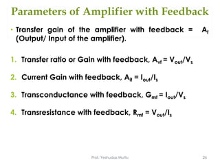 Parameters of Amplifier with Feedback
• Transfer gain of the amplifier with feedback = Af
(Output/ Input of the amplifier).
1. Transfer ratio or Gain with feedback, Avf = Vout/Vs
2. Current Gain with feedback, Aif = Iout/Is
3. Transconductance with feedback, Gmf = Iout/Vs
4. Transresistance with feedback, Rmf = Vout/Is
Prof. Yeshudas Muttu 26
 