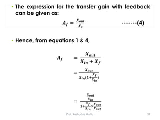 • The expression for the transfer gain with feedback
can be given as:
𝑨 𝒇 =
𝑿 𝒐𝒖𝒕
𝑿 𝒔
-------(4)
• Hence, from equations 1 & 4,
𝑨 𝒇 =
𝑿 𝒐𝒖𝒕
𝑿𝒊𝒏 + 𝑿 𝒇
=
𝑿 𝒐𝒖𝒕
𝑿 𝒊𝒏(𝟏+
𝑿 𝒇
𝑿 𝒊𝒏
)
=
𝑿 𝒐𝒖𝒕
𝑿 𝒊𝒏
𝟏+
𝑿 𝒇
𝑿 𝒊𝒏
×
𝑿 𝒐𝒖𝒕
𝑿 𝒐𝒖𝒕
Prof. Yeshudas Muttu 31
 