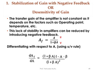 1. Stabilization of Gain with Negative Feedback
OR
Desensitivity of Gain
• The transfer gain of the amplifier is not constant as it
depends on the factors such as Operating point,
temperature, etc.
• This lack of stability in amplifiers can be reduced by
introducing negative feedback.
Differentiating with respect to A, (using u/v rule)
Prof. Yeshudas Muttu 49
U
V
 