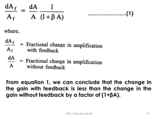 Prof. Yeshudas Muttu 51
………………….(1)
From equation 1, we can conclude that the change in
the gain with feedback is less than the change in the
gain without feedback by a factor of (1+βA).
 