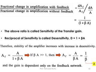 Prof. Yeshudas Muttu 52
• The above ratio is called Sensitivity of the Transfer gain.
• Reciprocal of Sensitivity is called Desensitivity, D = 1 + βA
 