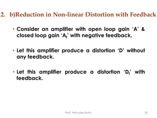 2. b)Reduction in Non-linear Distortion with Feedback
• Consider an amplifier with open loop gain ‘A’ &
closed loop gain ‘Af’ with negative feedback.
• Let this amplifier produce a distortion ‘D’ without
any feedback.
• Let this amplifier produce a distortion ‘Df’ with
feedback.
Prof. Yeshudas Muttu 55
 