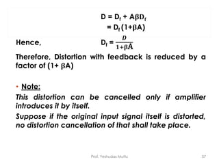 D = Df + A𝛃𝐃𝐟
= Df (1+𝛃A)
Hence, Df =
𝑫
𝟏+𝛃A
Therefore, Distortion with feedback is reduced by a
factor of (1+ 𝛃A)
• Note:
This distortion can be cancelled only if amplifier
introduces it by itself.
Suppose if the original input signal itself is distorted,
no distortion cancellation of that shall take place.
Prof. Yeshudas Muttu 57
 
