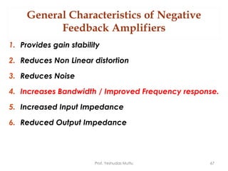 General Characteristics of Negative
Feedback Amplifiers
1. Provides gain stability
2. Reduces Non Linear distortion
3. Reduces Noise
4. Increases Bandwidth / Improved Frequency response.
5. Increased Input Impedance
6. Reduced Output Impedance
Prof. Yeshudas Muttu 67
 