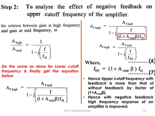 Prof. Yeshudas Muttu 73
Do the same as done for Lower cutoff
frequency & finally get the equation
below
…………(6)
…………(7)
• Hence Upper cutoff frequency with
feedback is more than that of
without feedback by factor of
(1+Amidβ).
• Hence with negative feedback
high frequency response of an
amplifier is improved.
 