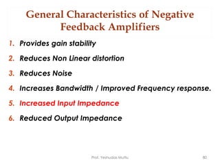 General Characteristics of Negative
Feedback Amplifiers
1. Provides gain stability
2. Reduces Non Linear distortion
3. Reduces Noise
4. Increases Bandwidth / Improved Frequency response.
5. Increased Input Impedance
6. Reduced Output Impedance
Prof. Yeshudas Muttu 80
 