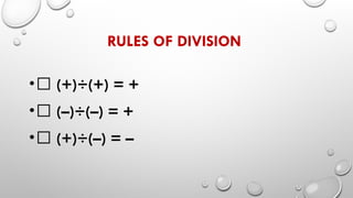 RULES OF DIVISION
•✅ (+)÷(+) = +
•✅ (–)÷(–) = +
•✅ (+)÷(–) = –
 