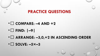 PRACTICE QUESTIONS
•✅ COMPARE: –4 AND +2
•✅ FIND: |–9|
•✅ ARRANGE: –3,0,+2 IN ASCENDING ORDER
•✅ SOLVE: –5×–3
 