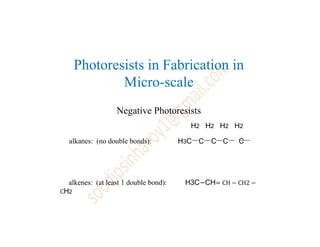 Photoresists in Fabrication in
Micro-scale
Negative Photoresists
H2 H2 H2 H2
alkenes: (at least 1 double bond): H3C−CH= CH − CH2 −
CH2
alkanes: (no double bonds): H3C C C C C
 