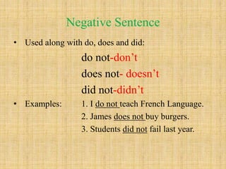 Negative Sentence
• Used along with do, does and did:
do not-don’t
does not- doesn’t
did not-didn’t
• Examples: 1. I do not teach French Language.
2. James does not buy burgers.
3. Students did not fail last year.
 