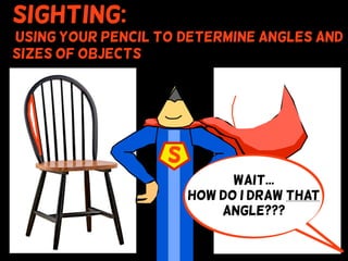 Sighting:
using your pencil to (determine angles and
sizes of objects
S
Wait...
How do I draw that
angle???
 