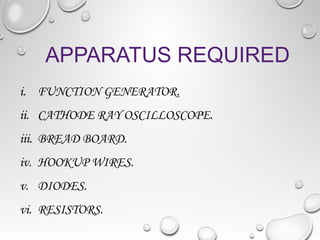 APPARATUS REQUIRED
i. FUNCTION GENERATOR.
ii. CATHODE RAY OSCILLOSCOPE.
iii. BREAD BOARD.
iv. HOOKUP WIRES.
v. DIODES.
vi. RESISTORS.
 