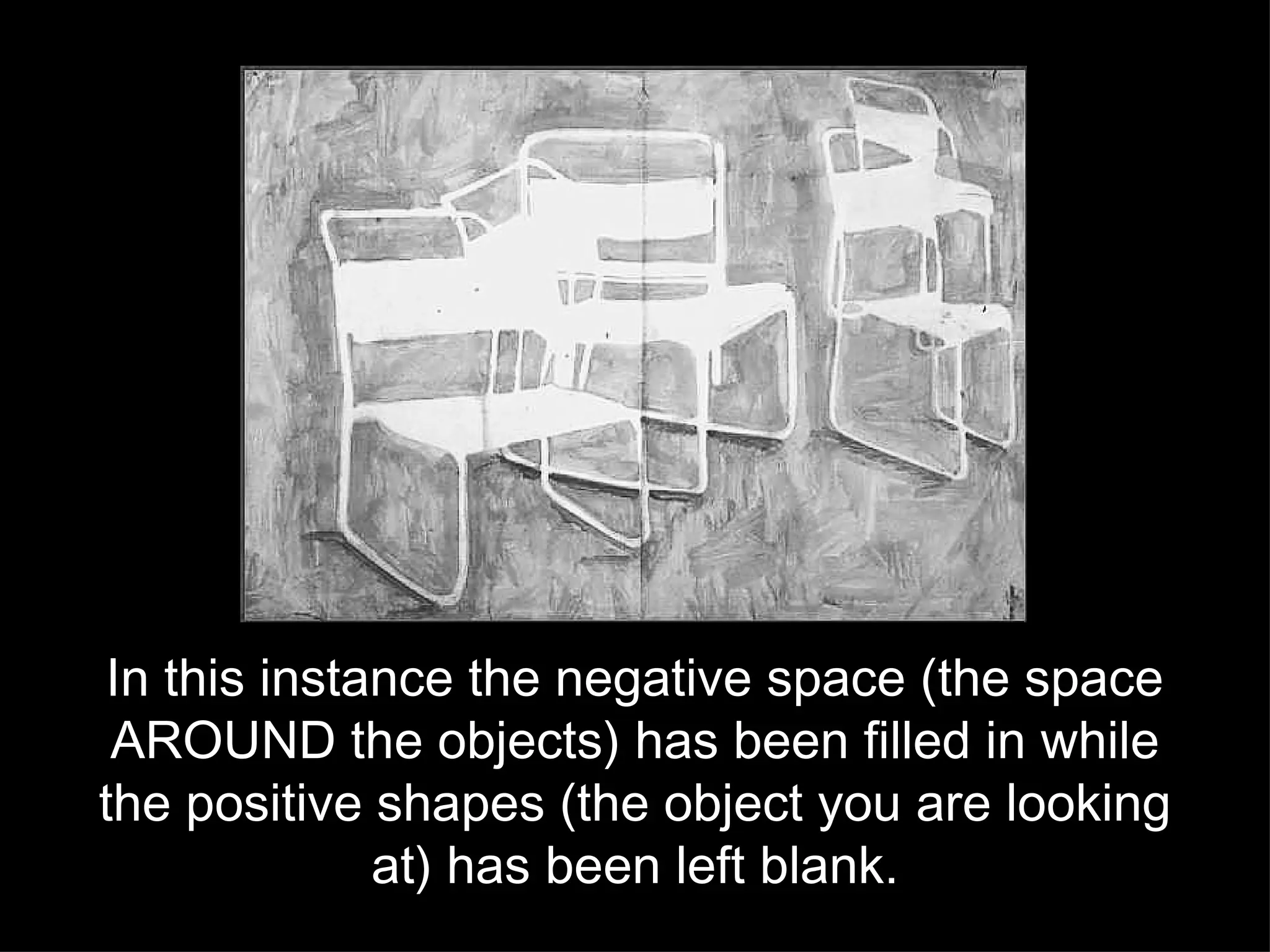 In this instance the negative space (the space AROUND the objects) has been filled in while the positive shapes (the object you are looking at) has been left blank. 