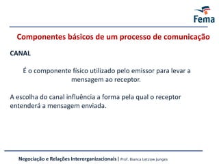 Componentes básicos de um processo de comunicação
CANAL
É o componente físico utilizado pelo emissor para levar a
mensagem ao receptor.
A escolha do canal influência a forma pela qual o receptor
entenderá a mensagem enviada.
Negociação e Relações Interorganizacionais | Prof. Bianca Letzow Junges
 