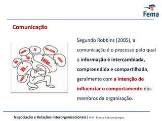 Comunicação
Segundo Robbins (2005), a
comunicação é o processo pelo qual
a informação é intercambiada,
compreendida e compartilhada,
geralmente com a intenção de
influenciar o comportamento dos
membros da organização.
Negociação e Relações Interorganizacionais | Prof. Bianca Letzow Junges
 