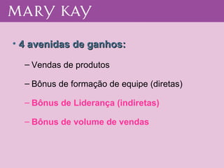 Vendas de produtos Bônus de formação de equipe (diretas) Bônus de Liderança (indiretas) Bônus de volume de vendas 4 avenidas de ganhos: 