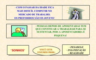 - COM O PASSAR DA IDADE FICA
    MAIS DIFICÍL COMPETIR NO
     MERCADO DE TRABALHO.
  OS PREFERIDOS SÃO OS JOVENS!


                - PESSOAS DEPOIS DE APOSENTADAS TEM
                QUE CONTINUAR A TRABALHAR PARA SE
                  SUSTENTAR, POIS A APOSENTADORIA É
                              PEQUENA!



                                       - PESADELO
“ SONHOS ”          VOC Ê E STA      - INSATISFAÇÃO
                  VIVE NDO PA RA :     - REALIDADE
 
