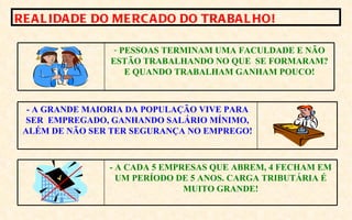 RE A L IDA DE DO ME RC A DO DO TRA BA L HO!

                  - PESSOAS TERMINAM UMA FACULDADE E NÃO
                 ESTÃO TRABALHANDO NO QUE SE FORMARAM?
                     E QUANDO TRABALHAM GANHAM POUCO!



  - A GRANDE MAIORIA DA POPULAÇÃO VIVE PARA
  SER EMPREGADO, GANHANDO SALÁRIO MÍNIMO,
 ALÉM DE NÃO SER TER SEGURANÇA NO EMPREGO!



                - A CADA 5 EMPRESAS QUE ABREM, 4 FECHAM EM
                  UM PERÍODO DE 5 ANOS. CARGA TRIBUTÁRIA É
                               MUITO GRANDE!
 