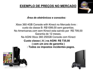 EXEMPLO DE PREÇOS NO MERCADO


          Área de eletrônicos e consoles:

 Xbox 360 4GB Console with Kinect no Mercado livre :
      custo da classe B: R$1099,00 sem garantias.
No Americanas.com sem Kinect esta saindo por R$ 799,00
                 Garantia de 12 meses.
     Na AGNI Xbox 360 250GB Console com Kinect
       Custo classe ( A ) na AGNI: R$ 735,00
              ( com um ano de garantia )
     obs.: Todos os impostos incidentes pagos.
 