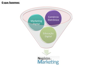O que fazemos:




                                Comércio
                 Marketing      Eletrônico
                  Digital


                             Educação
                              Digital
 