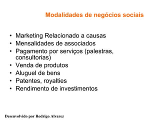Modalidades de negócios sociais Marketing Relacionado a causas Mensalidades de associados Pagamento por serviços (palestras, consultorias) Venda de produtos Aluguel de bens  Patentes, royalties Rendimento de investimentos 