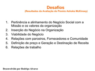 Desafios  (Resultados da Avaliação do Premio Ashoka McKinsey) Pertinência e alinhamento do Negócio Social com a Missão e os valores da organização Inserção do Negócio na Organização Viabilidade do Negócio Relações com parceiros, Fornecedores e Comunidade Definição de preço e Geração e Destinação de Receita Relações de trabalho 