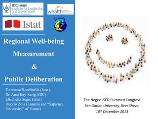 Regional Well-being
Measurement
&
Public Deliberation
Tommaso Rondinella (Istat),
Dr. Anat Itay-Sarig (JDC)
Elisabetta Segre (Istat)
Duccio Zola (Lunaria and “Sapienza
University” of Rome)
The Negev LSED Euromed Congress
Ben Gurion University, Beer Sheva,
10th December 2013
 