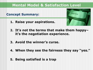 Mental Model & Satisfaction Level

Concept Summary:

 1. Raise your aspirations.

 2. It’s not the terms that make them happy–
    it’s the negotiation experience.

 3. Avoid the winner’s curse.

 4. When they see the fairness they say “yes.”


 5. Being satisfied is a trap
 