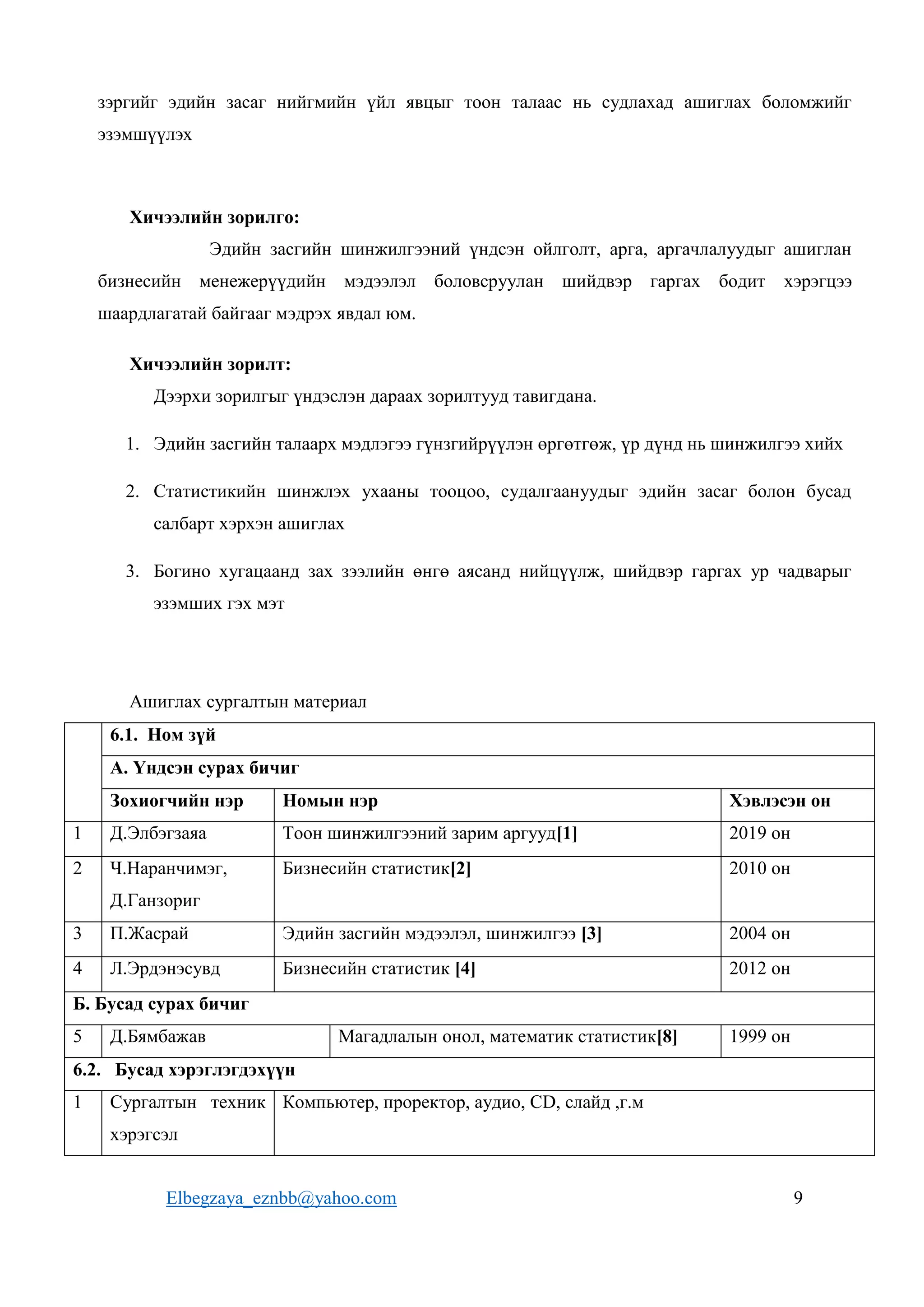 Elbegzaya_eznbb@yahoo.com 9
зэргийг эдийн засаг нийгмийн үйл явцыг тоон талаас нь судлахад ашиглах боломжийг
эзэмшүүлэх
Хичээлийн зорилго:
Эдийн засгийн шинжилгээний үндсэн ойлголт, арга, аргачлалуудыг ашиглан
бизнесийн менежерүүдийн мэдээлэл боловсруулан шийдвэр гаргах бодит хэрэгцээ
шаардлагатай байгааг мэдрэх явдал юм.
Хичээлийн зорилт:
Дээрхи зорилгыг үндэслэн дараах зорилтууд тавигдана.
1. Эдийн засгийн талаарх мэдлэгээ гүнзгийрүүлэн өргөтгөж, үр дүнд нь шинжилгээ хийх
2. Статистикийн шинжлэх ухааны тооцоо, судалгаануудыг эдийн засаг болон бусад
салбарт хэрхэн ашиглах
3. Богино хугацаанд зах зээлийн өнгө аясанд нийцүүлж, шийдвэр гаргах ур чадварыг
эзэмших гэх мэт
Ашиглах сургалтын материал
6.1. Ном зүй
А. Үндсэн сурах бичиг
Зохиогчийн нэр Номын нэр Хэвлэсэн он
1 Д.Элбэгзаяа Тоон шинжилгээний зарим аргууд[1] 2019 он
2 Ч.Наранчимэг,
Д.Ганзориг
Бизнесийн статистик[2] 2010 он
3 П.Жасрай Эдийн засгийн мэдээлэл, шинжилгээ [3] 2004 он
4 Л.Эрдэнэсувд Бизнесийн статистик [4] 2012 он
Б. Бусад сурах бичиг
5 Д.Бямбажав Магадлалын онол, математик статистик[8] 1999 он
6.2. Бусад хэрэглэгдэхүүн
1 Сургалтын техник
хэрэгсэл
Компьютер, проректор, аудио, СD, слайд ,г.м
 