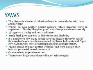 YAWS
 This disease is a bacterial infection that affects mainly the skin, bone
and cartilage.
 Within 90 days Mother nodule appears—which becomes warty in
appearance Nearby "daughter yaws" may also appear simultaneously
 3 Stages—1ry ,2 ndry and tertiary disease
 rarely fatal, yaws can lead to deformities and disability.
 It is not known how many people have the disease. However, tens of
thousands of cases have been reported in Ghana, Indonesia and Papua
New Guinea, with most occurring in children younger than 15.
 Yaws is spread by direct contact with the fluid from a lesion of an
infected person (skin to skin contact)
 Common in 14 tropical countries
 Treatment—Single dose of penicillin, or azithromycin
 