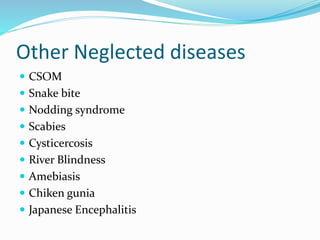 Other Neglected diseases
 CSOM
 Snake bite
 Nodding syndrome
 Scabies
 Cysticercosis
 River Blindness
 Amebiasis
 Chiken gunia
 Japanese Encephalitis
 