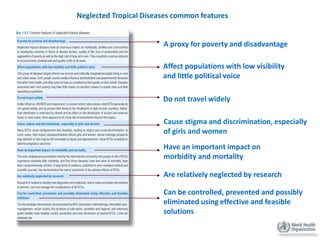 Neglected Tropical Diseases common features

A proxy for poverty and disadvantage
Affect populations with low visibility
and little political voice
Do not travel widely
Cause stigma and discrimination, especially
of girls and women
Have an important impact on
morbidity and mortality
Are relatively neglected by research
Can be controlled, prevented and possibly
eliminated using effective and feasible
solutions

 
