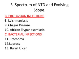 3. Spectrum of NTD and Evolving
Scope.
B. PROTOZOAN INFECTIONS
8. Leishmaniasis
9. Chagas Disease
10. African Trypanosomiasis
C. BACTERIAL INFECTIONS
11. Trachoma
12.Leprosy
13. Buruli Ulcer

 
