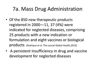 7a. Mass Drug Administration
• Of the 850 new therapeutic products
registered in 2000—11, 37 (4%) were
indicated for neglected diseases, comprising
25 products with a new indication or
formulation and eight vaccines or biological
products. (Pedrique et al. The Lancet Global Health,2013)
• A persistent insufficiency in drug and vaccine
development for neglected diseases

 