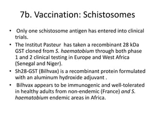 7b. Vaccination: Schistosomes
• Only one schistosome antigen has entered into clinical
trials.
• The Institut Pasteur has taken a recombinant 28 kDa
GST cloned from S. haematobium through both phase
1 and 2 clinical testing in Europe and West Africa
(Senegal and Niger).
• Sh28-GST (Bilhvax) is a recombinant protein formulated
with an aluminum hydroxide adjuvant .
• Bilhvax appears to be immunogenic and well-tolerated
in healthy adults from non-endemic (France) and S.
haematobium endemic areas in Africa.

 