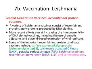 7b. Vaccination: Leishmania
Second Generation Vaccines: Recombinant protein
vaccines.
 A variety of Leishmania vaccines consist of recombinant
proteins; poly-proteins produced by DNA cloning.
 More recent efforts aim at increasing the immunogenicity
of DNA cloned vaccines, including the use of genetic
adjuvants and plasmid-based expression of viral replicons.
 Some of the important recombinant protein candidate
vaccines include: surface expressed glycoprotein
leishmaniolysin (gp63), Leishmania activated C kinase
(LACK), parasite surface antigen (PSA), Leishmania derived
recombinant polyprotein (Leish-111f) and serine proteases.

 