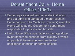 Dorset Yacht Co. v. Home
Office (1969)
 Some boys escaped from a borstal institution
and set adrift and damaged a motor-yacht in
Poole harbour. The Yacht Co. (owners) sued the
Home Office as the Government department
responsible for prisons and borstals
 Held: Home Office was liable for damage done
by persons who escaped from custody or while
on parole if the escape was due to the
negligence of prison or borstal officers
 