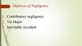  Defences of Negligence
1. Contributory negligence
2. Vis Major
3. Inevitable Accident
 